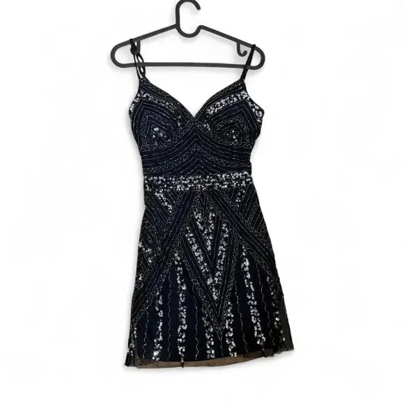 MARINA Black Sequin Mini Dress – Size 2 | Gatsby Glam | Like NEW - Picture 3 of 8